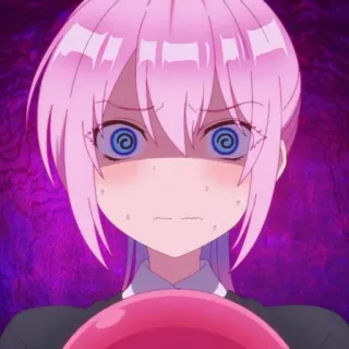 🍧 Anime, Mädchen, rosa Haare, Ausdruck, genervt, Spiralaugen telegram sticker