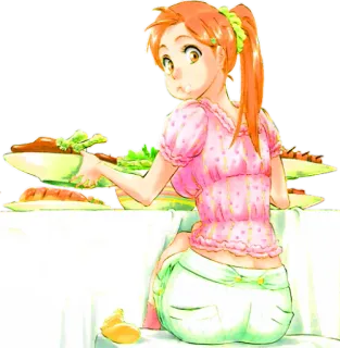 😶 anime, girl, food, eating, table, orange hair, cartoon telegram sticker