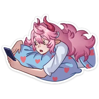 🥱 anime, monster girl, pink hair, demon, sleepy, pillow, phone, digital art telegram sticker