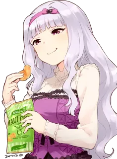 😋 Hula's Maui Chips Аниме девушка, Чипсы, Снэк, Фиолетовое платье, Maui Chips, Hula Chips telegram sticker