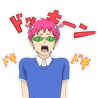 😳 Saiki Kusuo The Disastrous Life of Saiki K. ドッキーン anime, chocado, cabelo rosa, Saiki K, reação telegram sticker