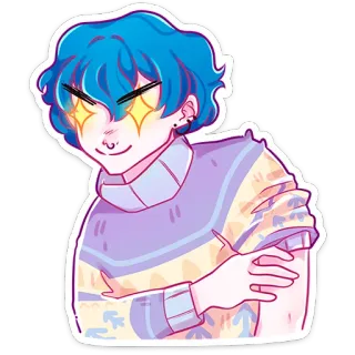 ⭐ person, cartoon, blue hair, sparkle, anime, character, sweater whatsapp sticker