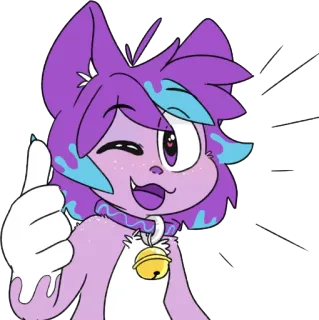 👍 การ์ตูน, สัตว์, แมว, ยกนิ้วให้, สีม่วง, ขยิบตา, กระดิ่ง, ปลอกคอ telegram sticker