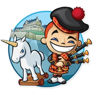 🏰 Scotland, bagpipes, unicorn, kilt, Scottish, cartoon telegram sticker