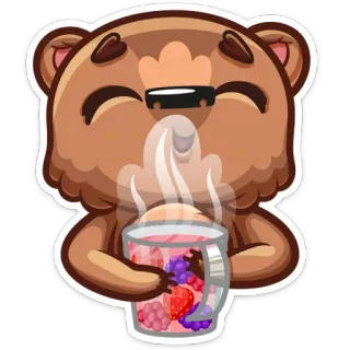 ☕ niedźwiedź, słodki, kreskówka, zwierzę, filiżanka, napój, jagody, truskawka telegram sticker