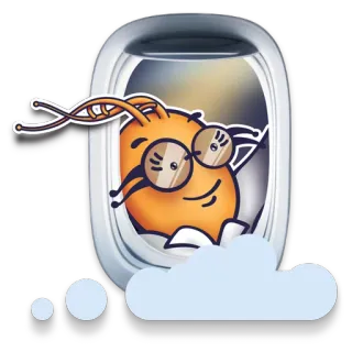 ✈ เครื่องบิน, ท่องเที่ยว, หน้าต่าง, เมฆ, การ์ตูน, แมลง telegram sticker