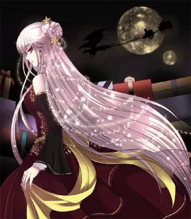 🥀 anime, wanita, rambut panjang, bulan, malam, Natal whatsapp sticker
