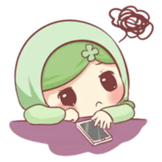 🙇 kreskówka, muzułmanin, hidżab, smutny, myślący, smartfon, dziewczyna telegram sticker