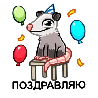 🎈 ПОЗДРАВЛЯЮ zarigüeya, fiesta, celebración, globos, confeti, lindo whatsapp sticker