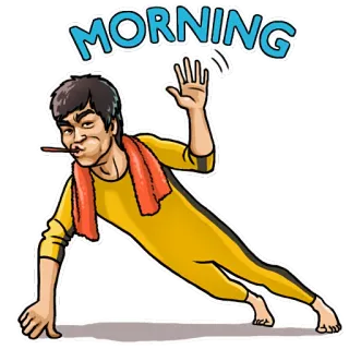✋ Bruce Lee MORNING Bruce Lee, matin, exercice, salutation, arts martiaux, asiatique, drôle whatsapp sticker