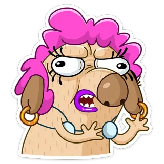 👵 dessin animé, drôle, personnage, chien, femme, cheveux roses whatsapp sticker