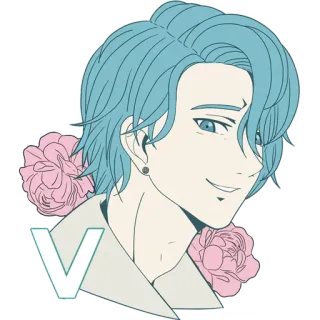 😁 V stile anime, capelli blu, fiori, maschio, cartone animato, sticker telegram sticker