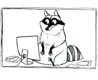 😯 raccoon, computer, animal, cartoon, office, desk telegram sticker