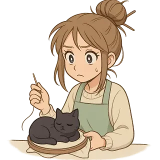 😅 menina, gato, bordado, artesanato, costura, trabalho manual telegram sticker