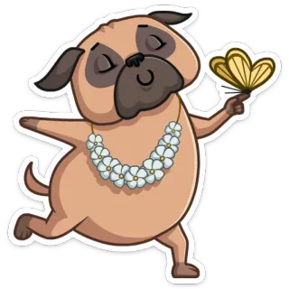 🌸 dog, pug, cartoon, animal, cute, butterfly, flower lei telegram sticker