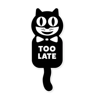 😾 TOO LATE cat, sticker, too late, animal, funny, bowtie, black and white, cartoon telegram sticker