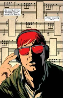 🕶 It's working...almost. But something's off. Someone doesn't...sound right I can't... ...What's throwing me...? music, headphones, comics, sheet music, red glasses telegram sticker