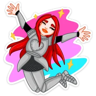 🥳 cavaleiro, armadura, menina, cabelo ruivo, celebração, estrelas whatsapp sticker