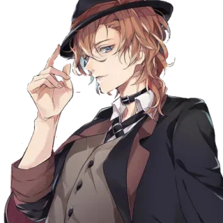 😏 Chuuya Nakahara Bungo Stray Dogs Anime, Manga, Personnage, cheveux bruns, chapeau, cravate, gilet telegram sticker