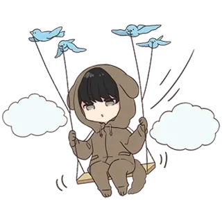 🌟 chibi, cute, anime, cartoon, swing, birds, clouds telegram sticker