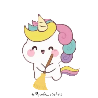 🌈 unicórnio, fofo, kawaii, vassoura, limpeza, pastel, desenho animado telegram sticker