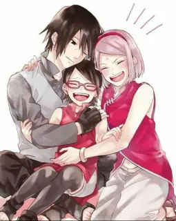 🤗 Sasuke, Sakura, Sarada Naruto animé, famille, fanart, dessin animé, souriant, portrait telegram sticker