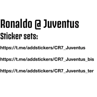👓 Cristiano Ronaldo Ronaldo @ Juventus
Sticker sets:
https://t.me/addstickers/CR7_Juventus
https://t.me/addstickers/CR7_Juventus_bis
https://t.me/addstickers/CR7_Juventus_ter voetbal, voetbal, sport, atleet, juventus, ronaldo telegram sticker