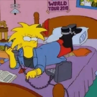 🌿 Lisa Simpson The Simpsons WORLD TOUR 2010 Lisa Simpson, cartoon, The Simpsons, phone, girl, lying down telegram sticker