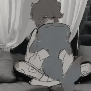 🍵 anak laki-laki, gambar, hiu, boneka, duduk, dalam ruangan, anime, skala abu-abu whatsapp sticker