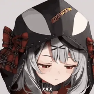 🌙 CAUTION XXX 애니메이션, 주의, 스티커, 캐릭터, 후드, 체크무늬, 회색 머리, 빨간색 telegram sticker