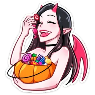 🍭 демон, конфета, хэллоуин, дьявол, женщина, костюм telegram sticker
