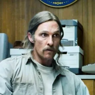 😒 Rust Cohle True Detective detective, serious, mustache, Matthew McConaughey, tv show telegram sticker