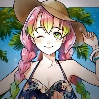 💕 Mitsuri Kanroji Demon Slayer anime, cartoon, girl, swimsuit, hat, summer, fanart telegram sticker