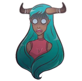 😱 femme, turquoise, cornes, monstre, dessin animé, autocollant, elfe whatsapp sticker