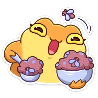 🍦 grenouille, dessin animé, mignon, animal, joyeux, dessert, manger, mouche whatsapp sticker