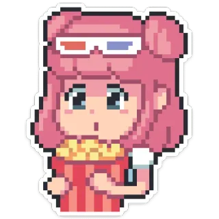 🍿 Pixel art, Ragazza, Occhiali 3D, Popcorn, Film, Carino telegram sticker