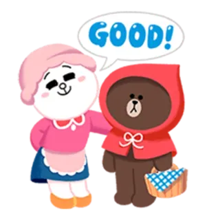 😌 GOOD! mignon, dessin animé, ours, le petit chaperon rouge, grand-mère, Line Friends, Brown Bear, personnage whatsapp sticker