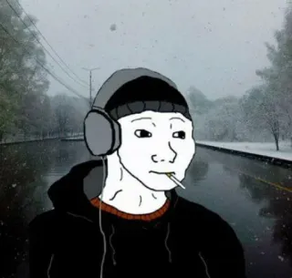 😔 Wojak Wojak, doomer, headphones, cigarette, winter telegram sticker