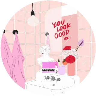 🌸 YOU LOOK GOOD XX. ванная, зеркало, красота, glossier, розовый, иллюстрация, декор telegram sticker