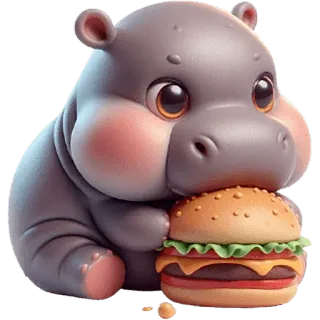 🌭 하마, 만화, 동물, 귀여운, 햄버거, 음식, 배고픈, 일러스트 telegram sticker