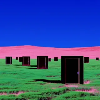 👁 doors, surreal, landscape, field, sky, pink, green telegram sticker
