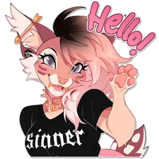 👋 Hello, sinner furry, cat, pink, greeting, hello, cute, anthropomorphic, cartoon whatsapp sticker