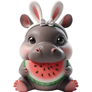 🍉 ippopotamo, carino, animale, orecchie da coniglio, anguria, adesivo, cartone animato, kawaii telegram sticker