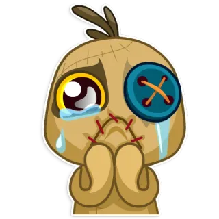 😢 boneco vodu, triste, chorando, olhos de botão, boca costurada, fofo telegram sticker