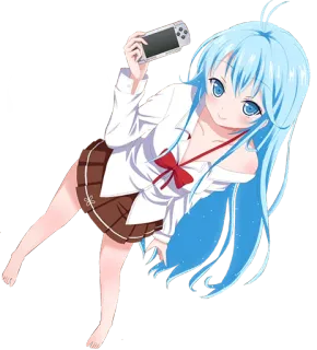 😏 garota anime, fofa, uniforme escolar, cabelo azul, console de videogame, sorrindo telegram sticker