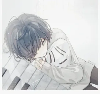 😞 anime, chico, piano, durmiendo, lindo, arte, música telegram sticker