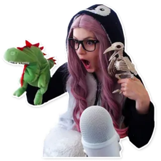 😱 donna, costume da pinguino, dinosauro, microfono, marionetta, scheletro, capelli rosa, occhiali telegram sticker