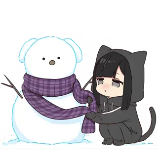😔 Аниме, Девушка, Снеговик, Зима, Милый, Кот telegram sticker
