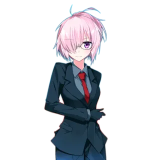 🕴 fille anime, bureau, costume, cravate, cheveux roses, yeux violets telegram sticker
