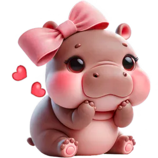 😍 hipopotam, słodki, zwierzę, kreskówka, różowy, kawaii, kokarda, serca telegram sticker